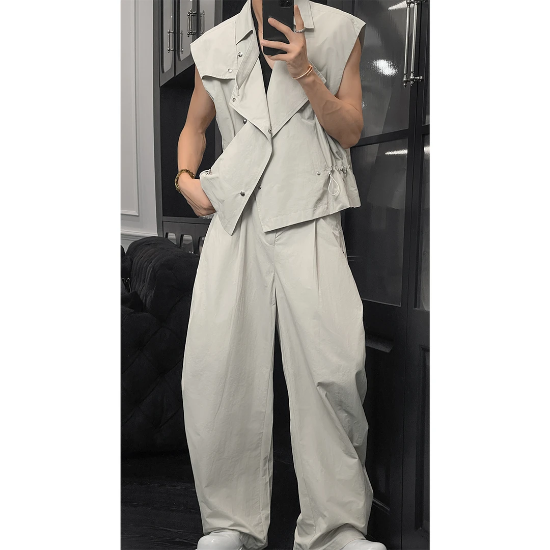 龙叨叨夏季新品美式复古小众设计感翻领马甲套装宽松休闲工装裤男