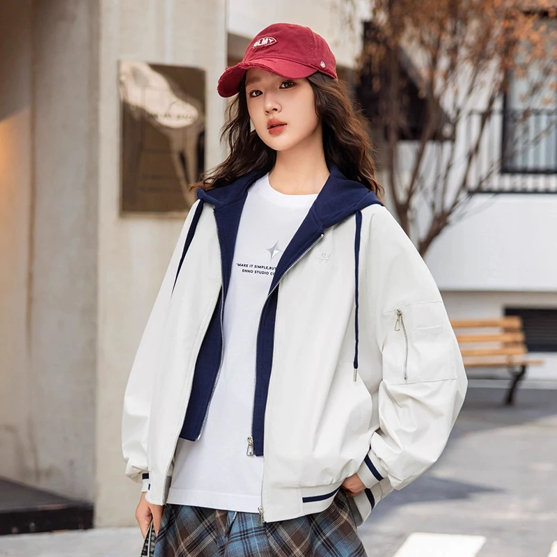 高中生风衣连帽外套秋季2025新款大童初中学生少女装假两件棒球服