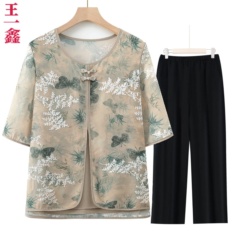 中老年女装夏季薄款假两件T恤+裤子套装妈妈装奶奶装新款两件套装