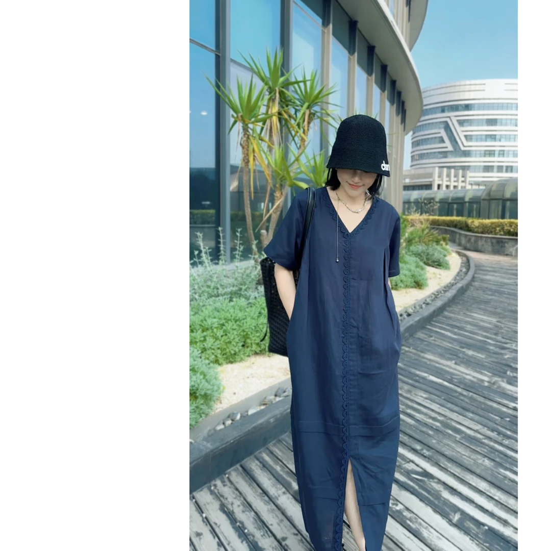 安然家 夏季薄款高端亚麻蕾丝花边时尚拼接长款鸡心连衣裙 3512