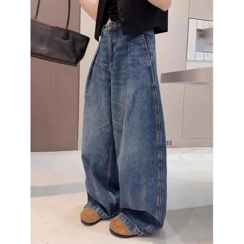 美式复古弯刀阔腿牛仔裤女设计感宽松垂感高腰显瘦拖地裤子潮ins