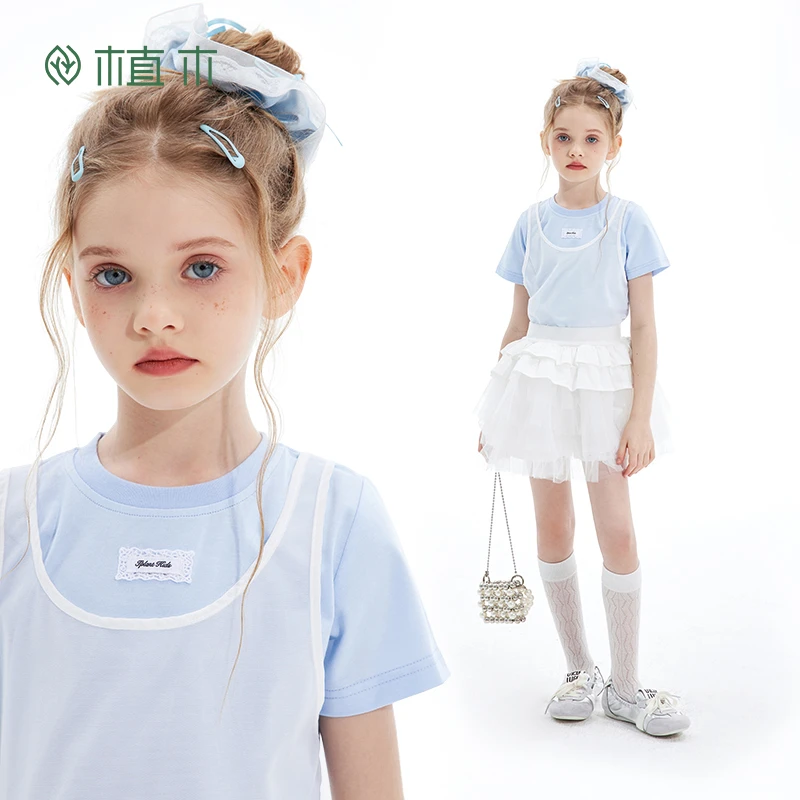 植木童装女生T恤2025夏季新款中大童天丝网纱假两件上衣儿童T恤