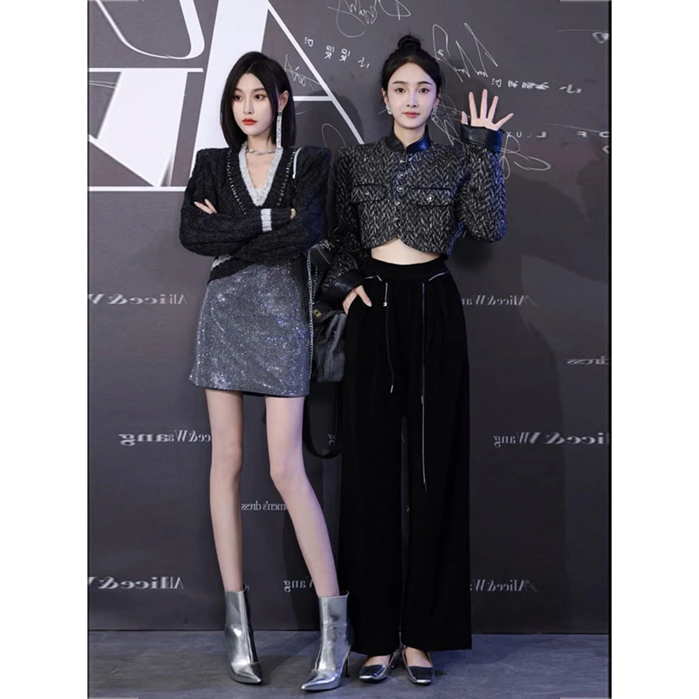 黑色套头v领针织衫亮片A字裙两件套装女韩版气质小个子显高通勤风
