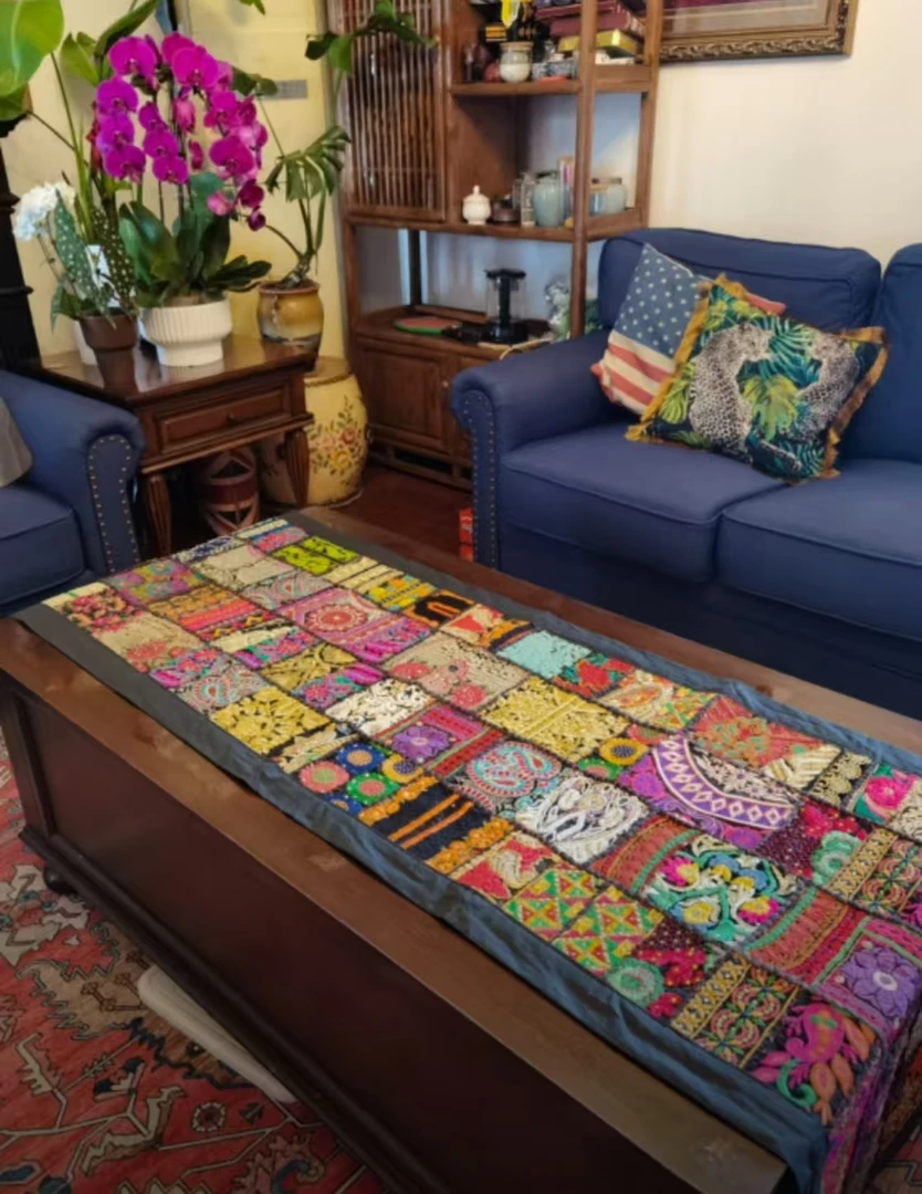 民族风手工绣片桌旗东南亚风格茶旗客厅墙挂卧室装饰床尾旗