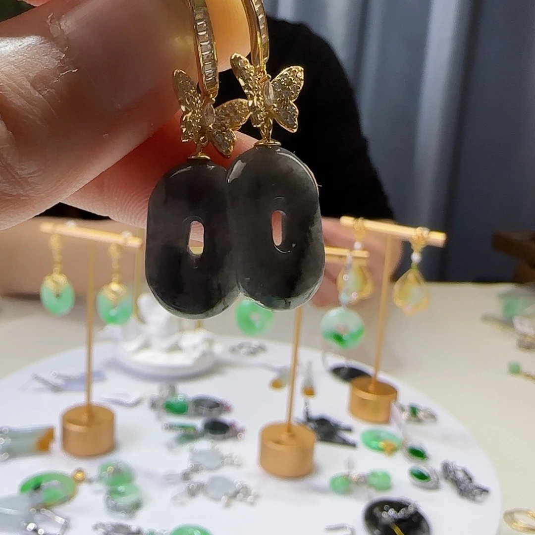 翡翠耳饰银S925镶嵌天然缅甸