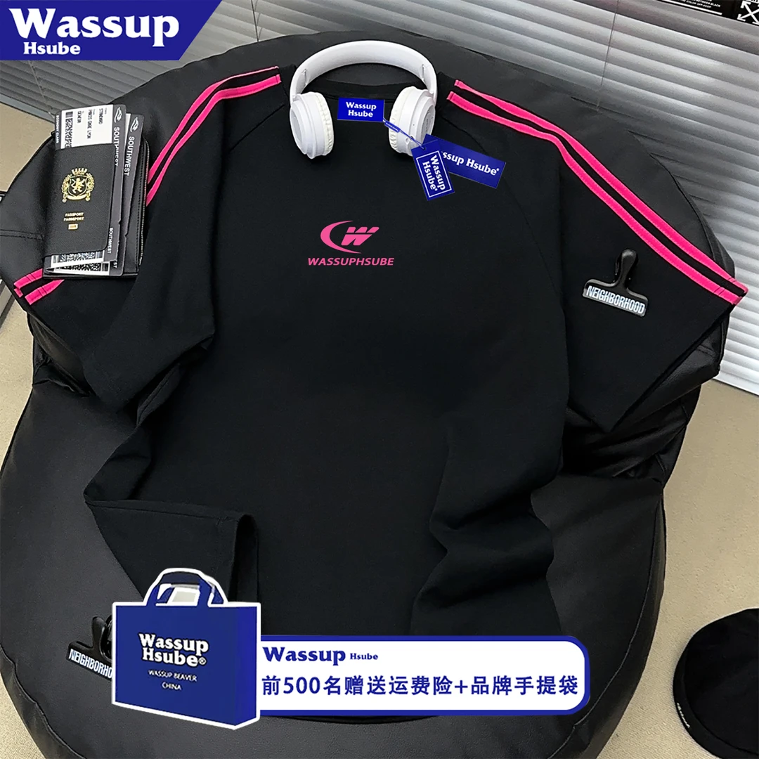 WASSUP HSUBE高街玫粉拉条杠纯棉短袖T恤男女简约字母圆领上衣服