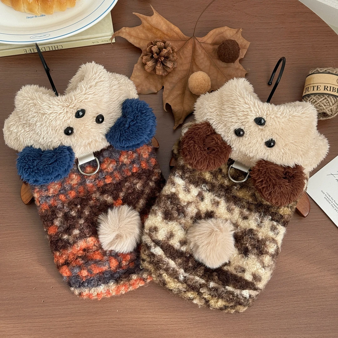 049美拉德秋冬新款加绒保暖中小型宠物猫狗可牵引背心口袋卫衣