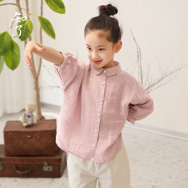 知了童装 53139早秋文艺女童纯苎麻衬衫儿童宽松七分袖