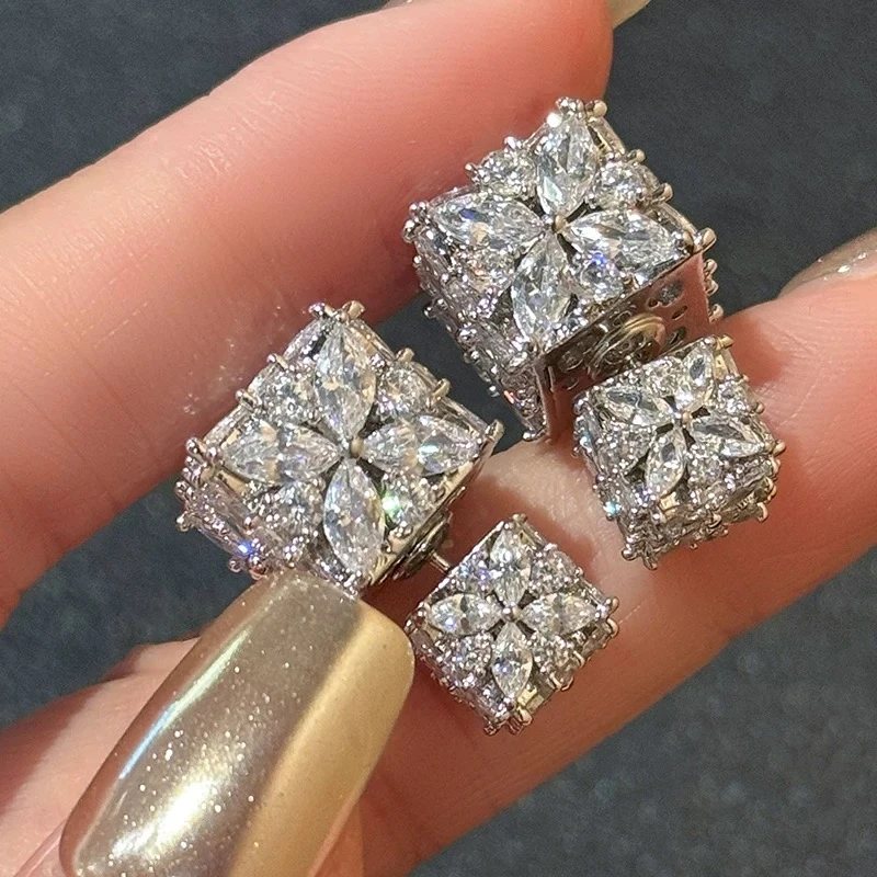 铜合金锆石耳饰 闪爆了 小方糖耳钉耳环女轻奢高级感婚礼宴会耳饰