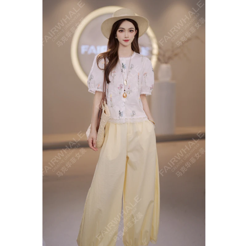 马克华菲女装夏季2025法式减龄显瘦泡泡袖衬衫刺绣花朵气质衬衣