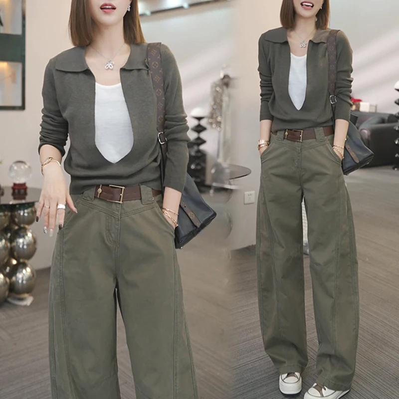 纯欲慵懒风套装女2025春秋新款假两件长袖针织衫工装阔腿裤两件套