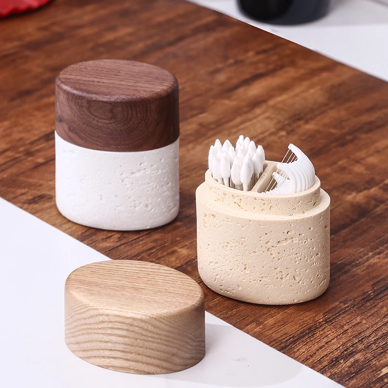 高级感胡桃木定制牙签盒商用个性带盖洞石牙签筒简约棉签罐收纳盒