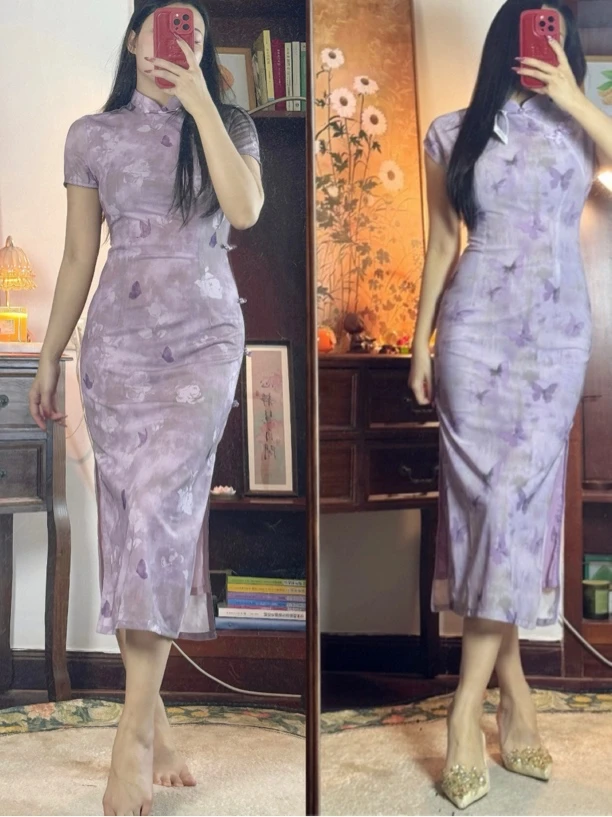 紫色真的很有韵味【蝶梦】弹力微胖旗袍国风改良新中式少女紫连衣裙