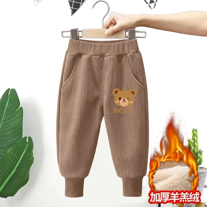 男女童秋冬加绒灯芯绒长裤儿童卡通印花休闲百搭束脚裤外穿童装