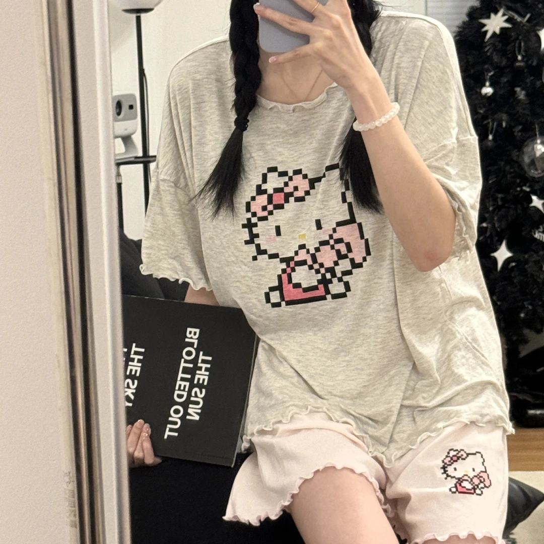 SUJIANGNIAO莫代尔睡衣女带胸垫夏季高级感短袖短裤卡通KT猫家居