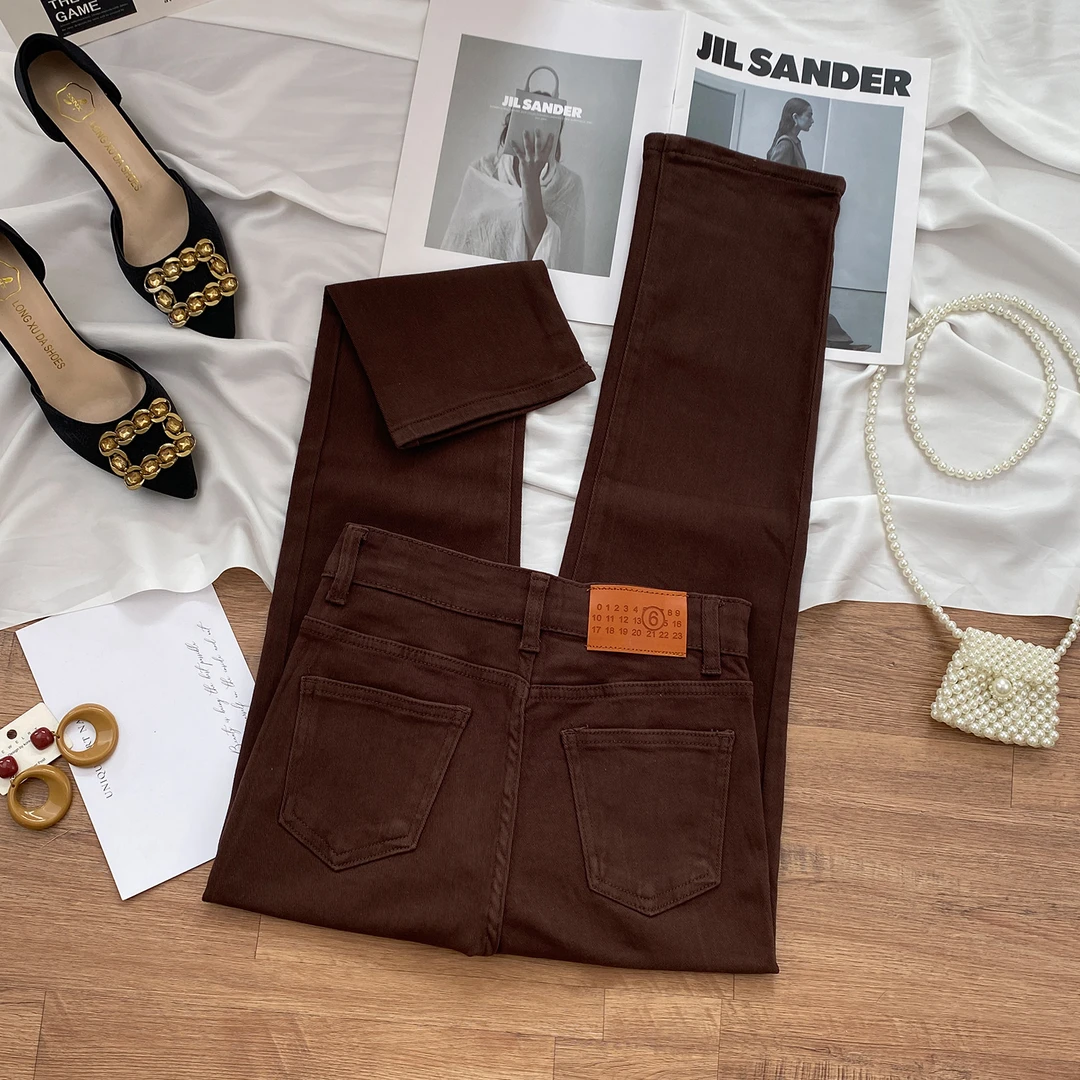 咖色直筒牛仔裤女秋季2025年新款高腰显瘦小个子窄版法棍烟管裤子