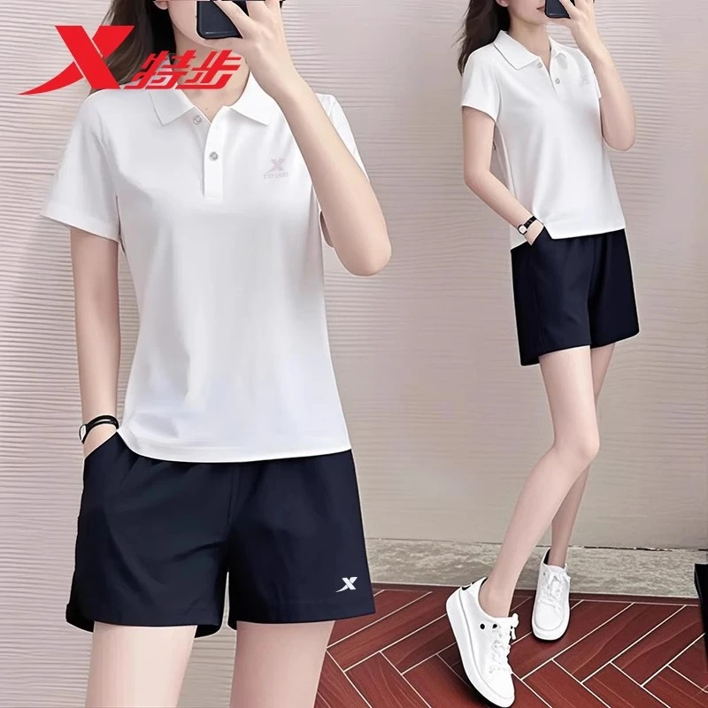 特步运动套装夏季翻领健身运动服速干冰丝正品短袖短裤两件套女装
