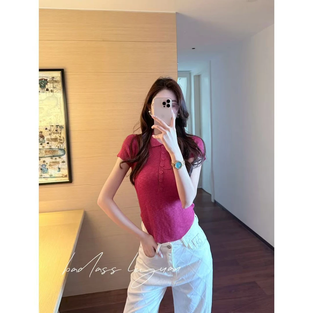 【6月福利款】LEYUAN.POLO领短袖T恤夏季新款修身显瘦薄款针织上衣