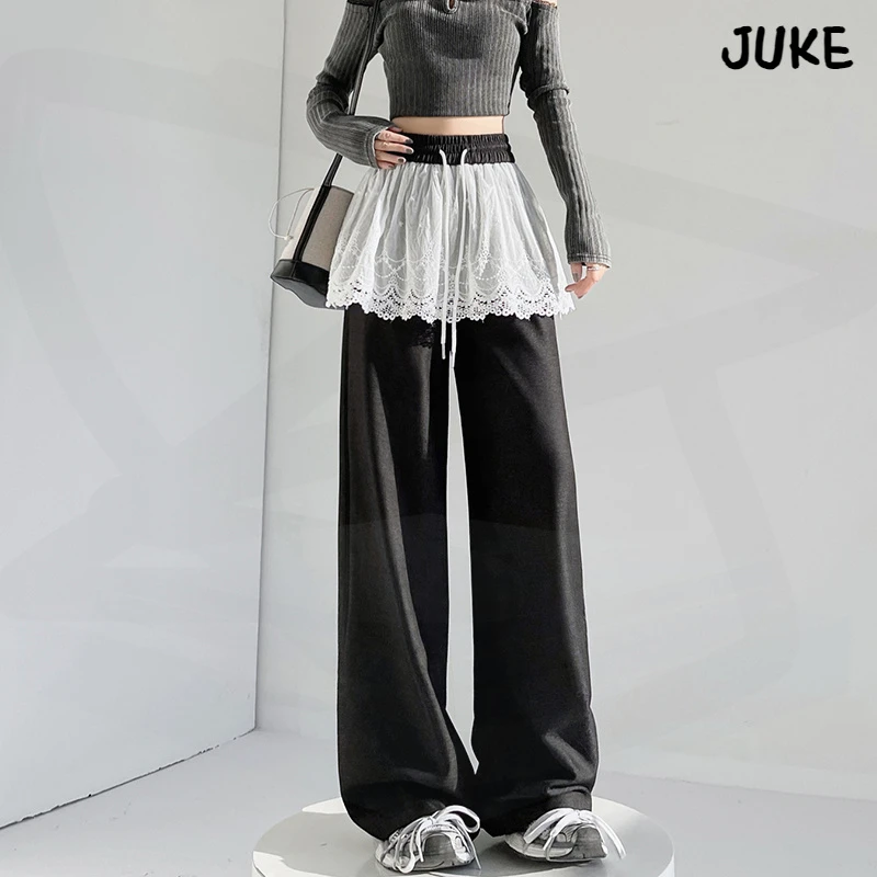 2025春夏新款设计感蕾丝屁帘直筒休闲裤女宽松阔腿裤拖地长裤