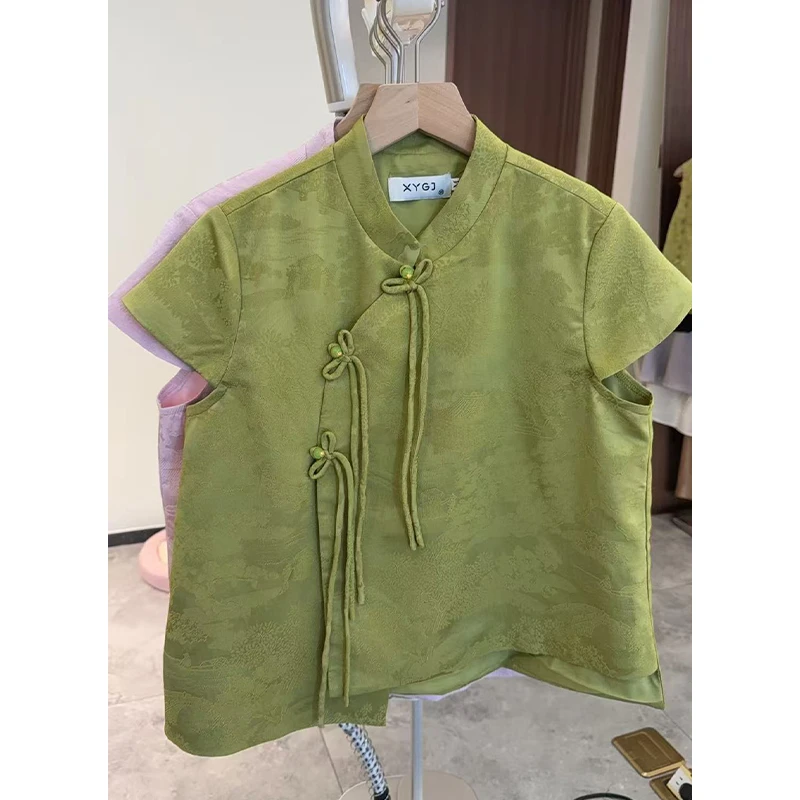 2025夏季新款国风新中式提花短袖上衣气质高腰缎面显瘦直筒阔腿裤