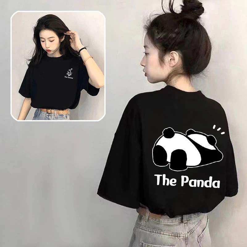 熊猫黑色短袖t恤女2025夏季新款纯棉时尚宽松体恤设计感印花上衣