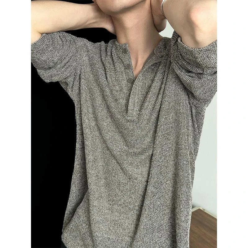 半排扣纹理感重磅长袖t恤男春秋日系复古潮牌打底衫宽松内搭上衣