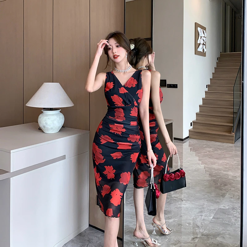 视频实拍 复古名媛风网纱印花连衣裙修身V领女人味背心裙 夏季显