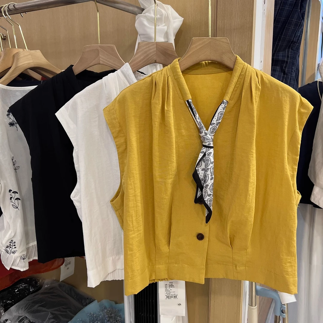 通勤外搭外套衬衫纯色宽松坎肩袖夏季V领无袖气质