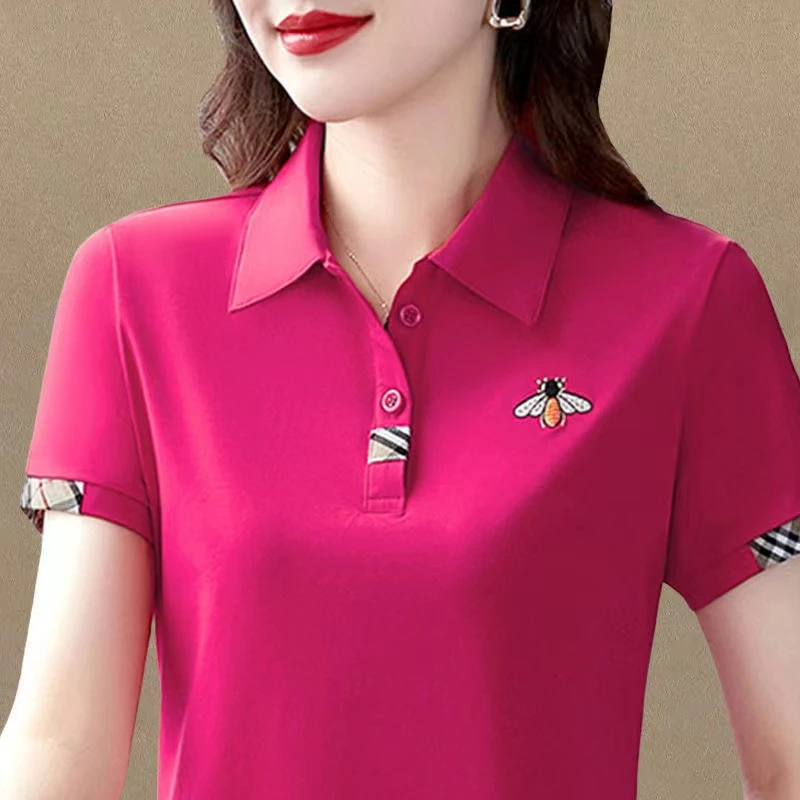 833玫红短袖t恤女夏季POLO衫中年妈妈装翻领绣花运动休闲上衣女