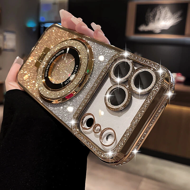 适用于苹果17promax手机壳透明闪粉带磁吸支架水钻自带镜头膜轻奢