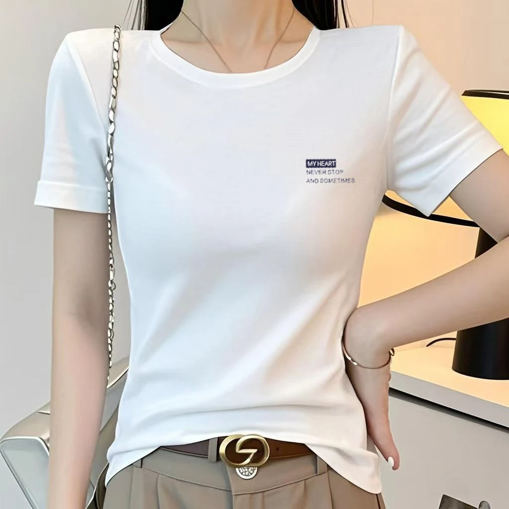 正肩白色短袖t恤女夏季大码体恤衫修身半袖休闲体恤时尚字母上衣