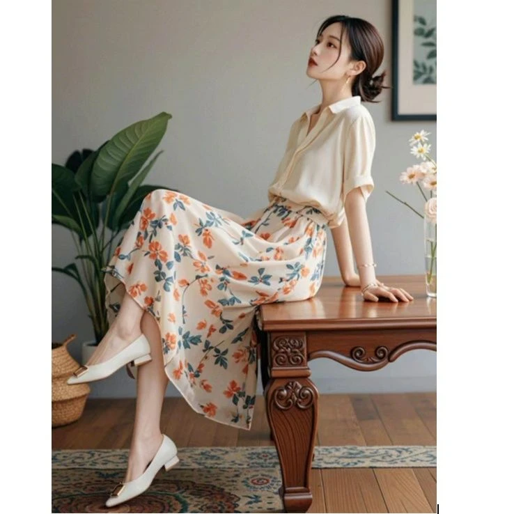御姐风绝美气质洋气钓系约会杏色衬衫碎花雪纺半身裙夏季女长裙