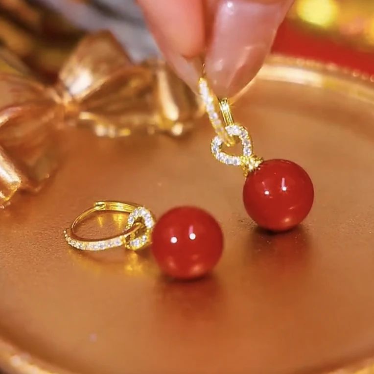 铜合金锆石耳饰 红色珠子耳扣2025新款时尚高级感气质耳环女耳饰