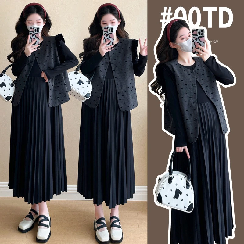 【可可】孕妇装复古马甲外套长款孕妇连衣裙套装