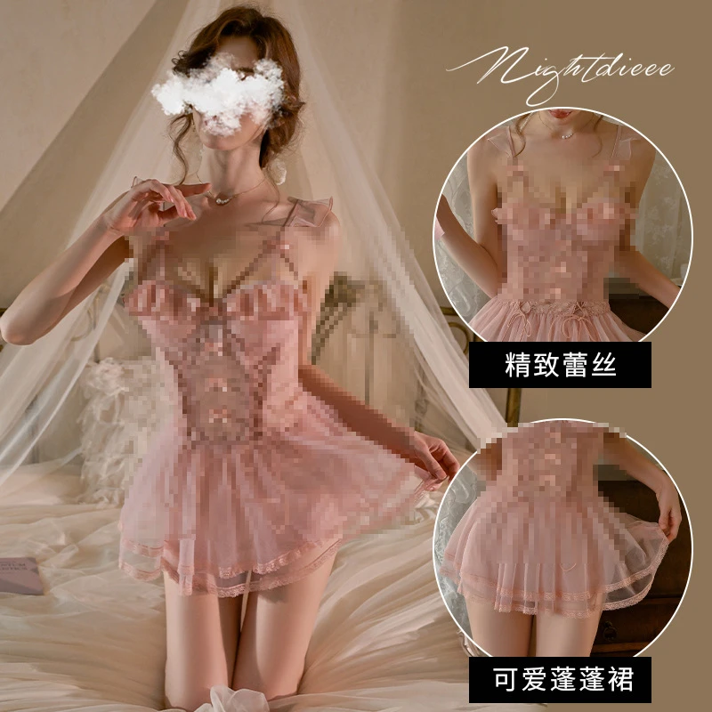 新款睡衣内衣性感鱼骨胸衣蕾丝胸垫吊带聚拢睡裙带胸垫家居服