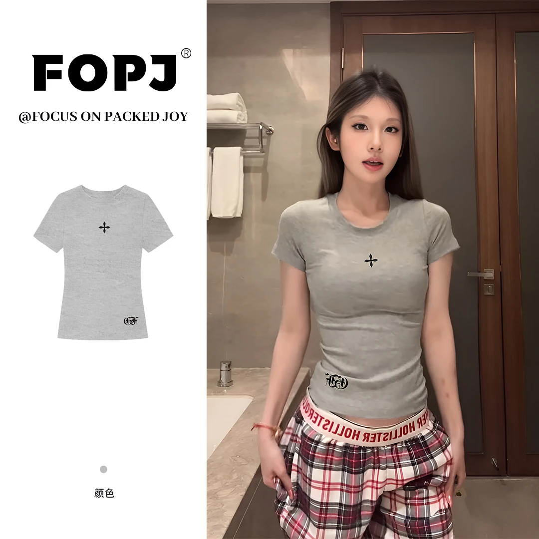 FOPJ美式复古休闲夏季辣妹穿搭短袖t恤女纯欲风小众修身显瘦上衣