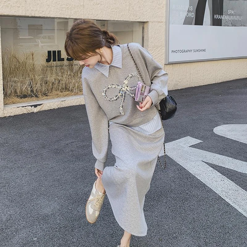 灰色休闲三件套女2025春季新款亮片蝴蝶结卫衣条纹衬衫半身裙套装
