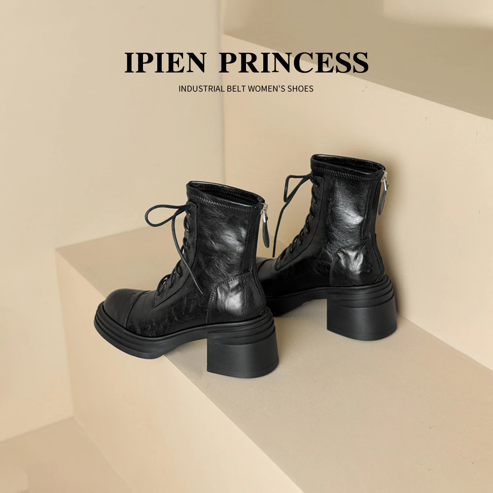 英伦风机车中筒靴女2025年秋季新款黑色厚底马丁靴小个子百搭短靴