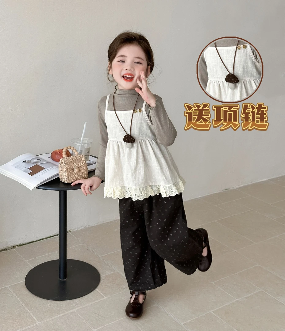 女童2025秋季新款三件套洋气碎花宽松阔腿裤吊带背心女童套装