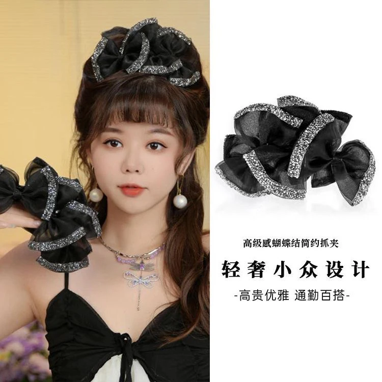 黑色水钻网纱蝴蝶结抓夹女后脑勺2025新款发夹高端盘发鲨鱼夹头饰