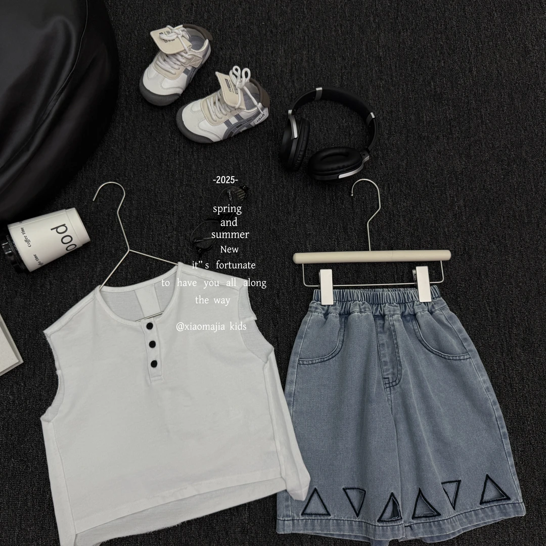 现货-儿童夏季无袖薄款纯色潮酷背心D-5587欧若风穿搭宽松男女童