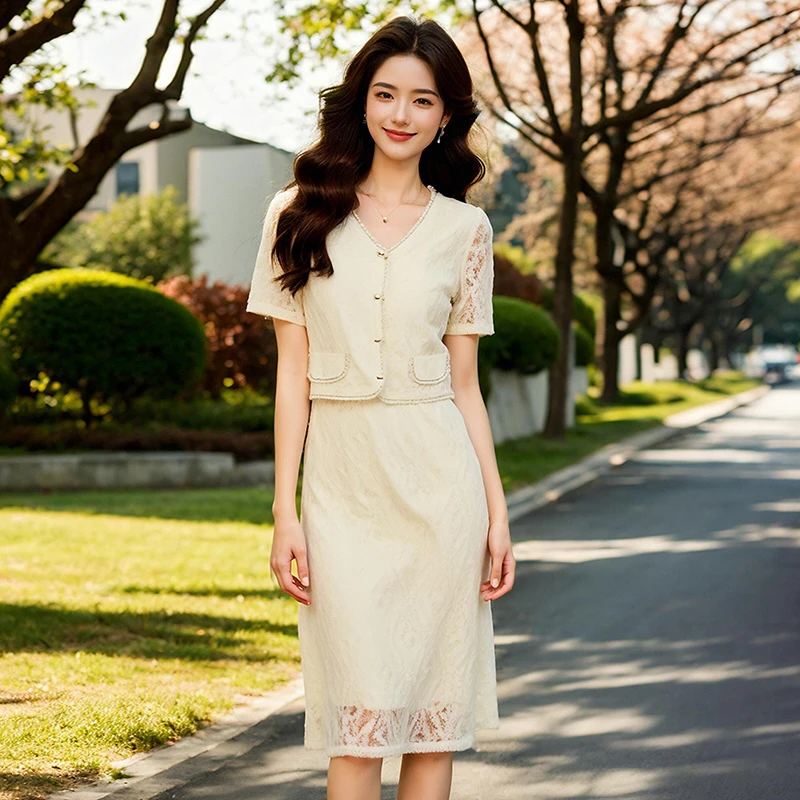 大码女装2025夏季气质V领连衣裙胖妹妹蕾丝假两件拼接裙子