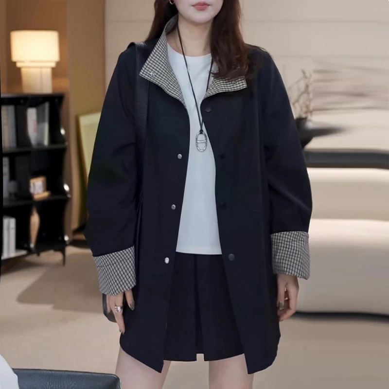格子两面穿风衣外套女春秋季2025新款设计感中长款休闲立领上衣