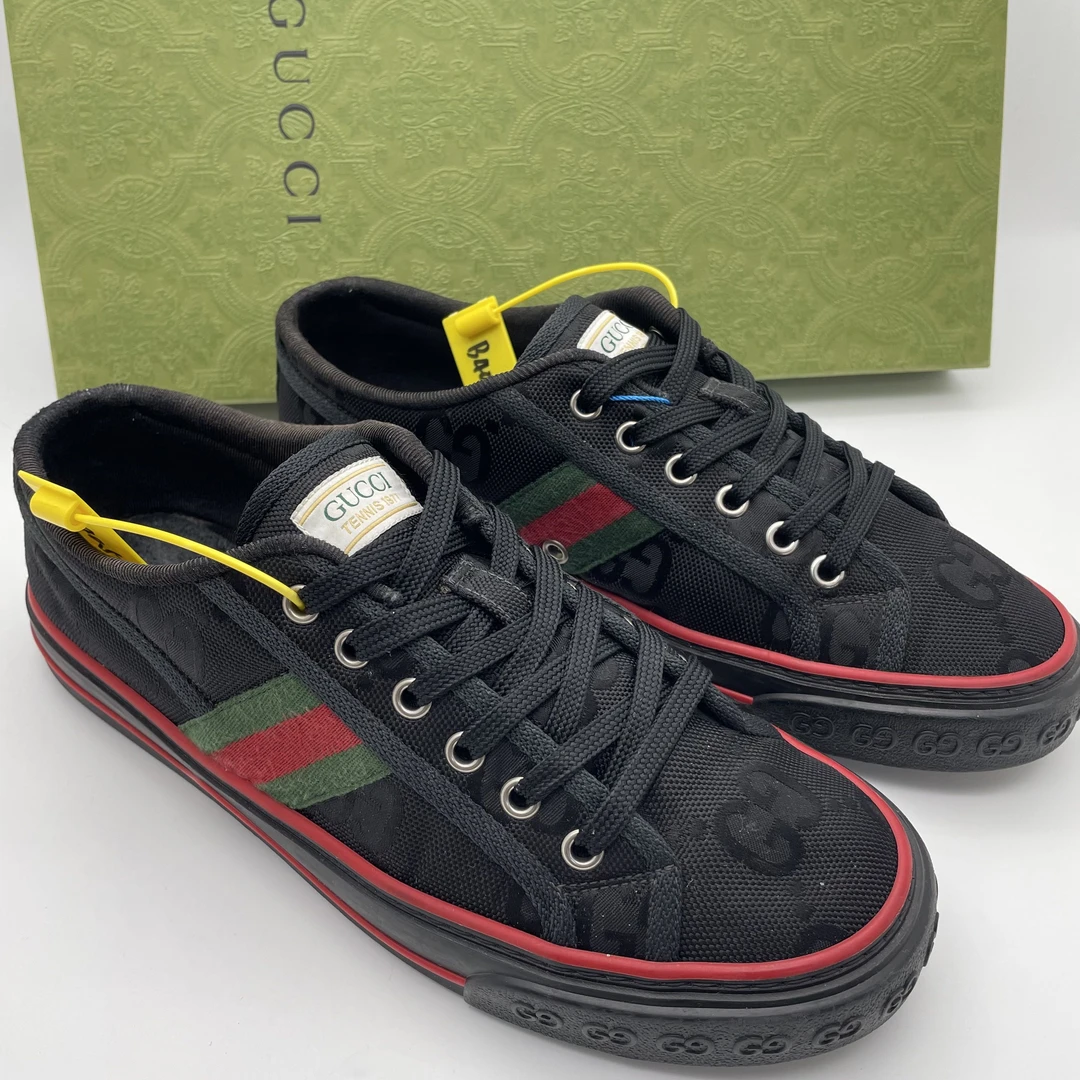 95新 GUCCI/古驰 二手男士黑红1977老花休闲百搭板鞋/40.5欧码