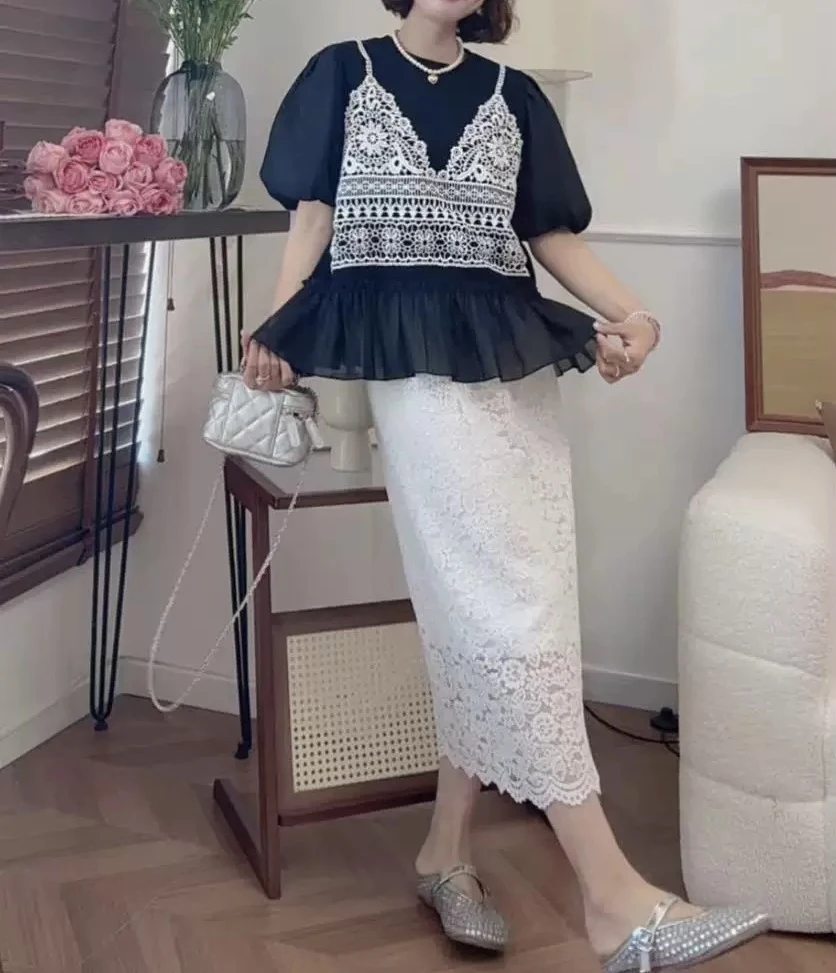 黑色镂空蕾丝钩花圆领假两件短袖T恤女2025夏季新款减龄显瘦上衣