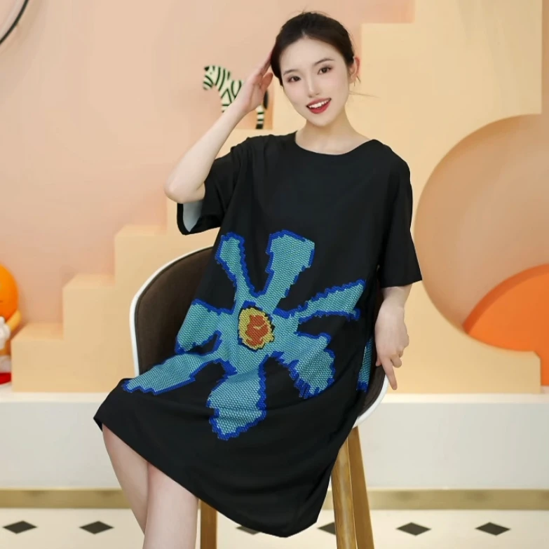 2025夏季宽松睡裙成人圆领中长裙常规大码连衣裙夏季H型长袖