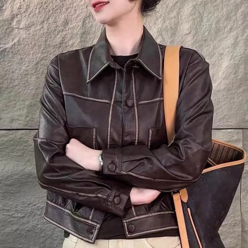 2025春季新款洋气翻领皮衣外套女复古短款机车服时尚高街百搭上衣
