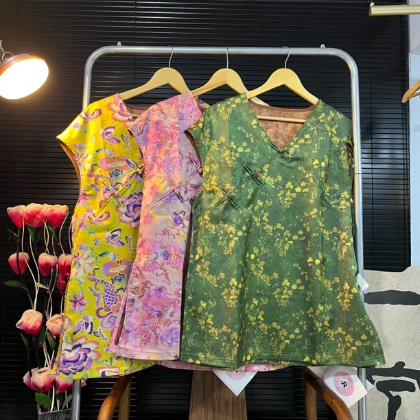 猫家YZM新中式国风重工设计圆领盘扣坎袖提花打底上衣