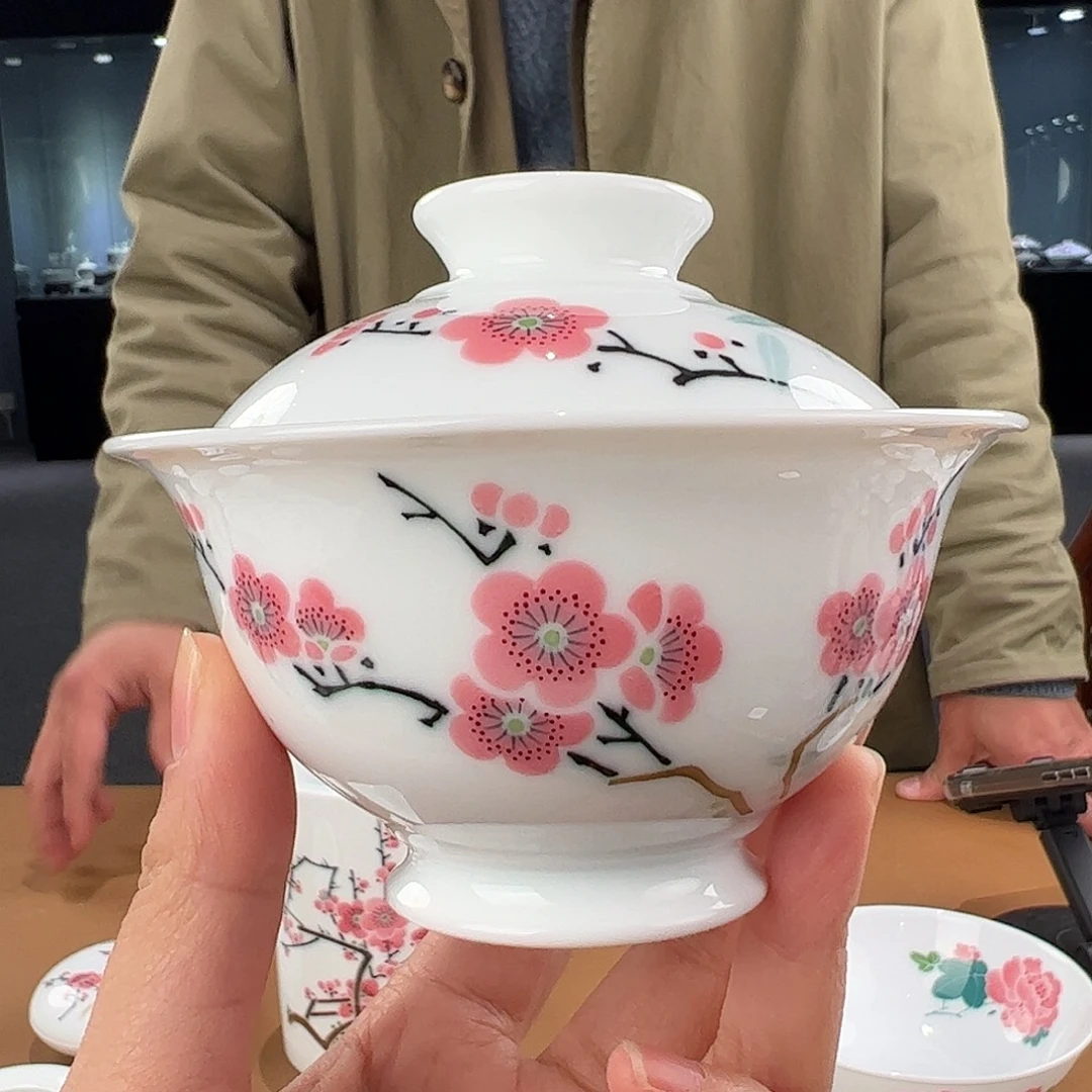 陶翠竹红梅两才盖碗