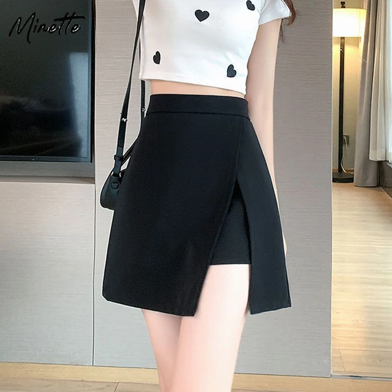minette高腰西装半身裙女夏季新款修身显瘦侧开叉裙裤遮胯a字短裙